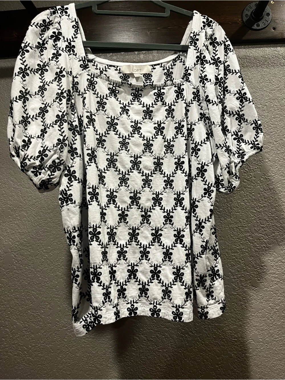 LOFT White Top with Black Floral Lattice Pattern and Puff Sleeves